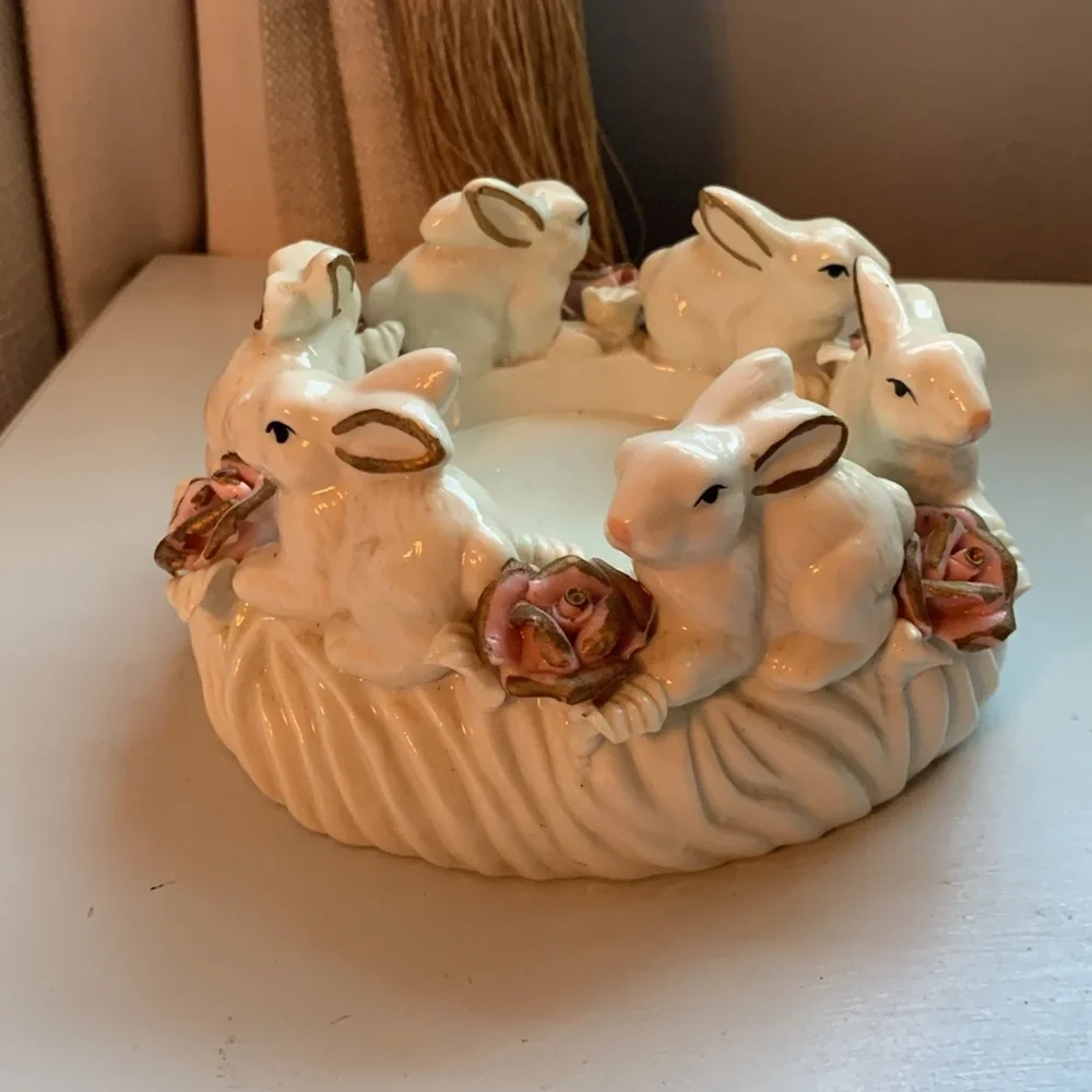 Vintage Porcelain Bunny Gold Ring Of Rabbits Rose Candle Holder
